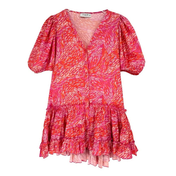 Kleid For Her Puff Sleeve V-Neck Babydoll Mini Dress in Pink Orange XS - Picture 1 of 7